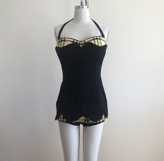 Black and Yellow Plaid-Trimmed Swimsuit - 1950s