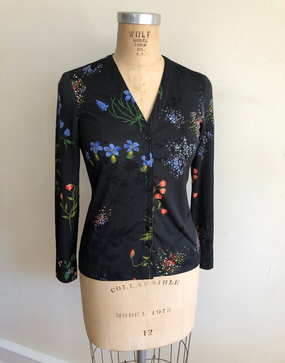 Black Floral Print Blouse - 1970s - image 4