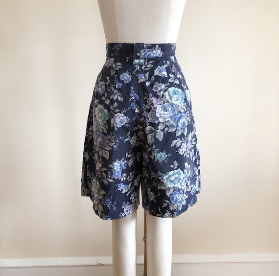 Navy and Light Blue Floral Print Twill Shorts - 1… - image 3
