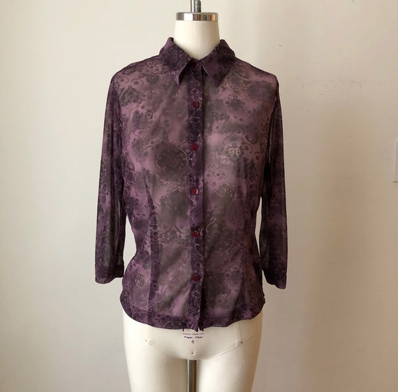 Dark Purple, Printed Mesh Button-Down Top - 1990s