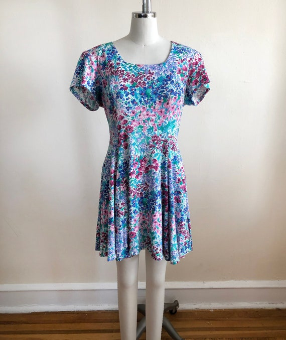 Short-Sleeved Floral Print Mini-Dress - 1990s