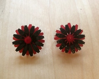 Vintage Red and Black Floral Clip-On Earrings - 1960s