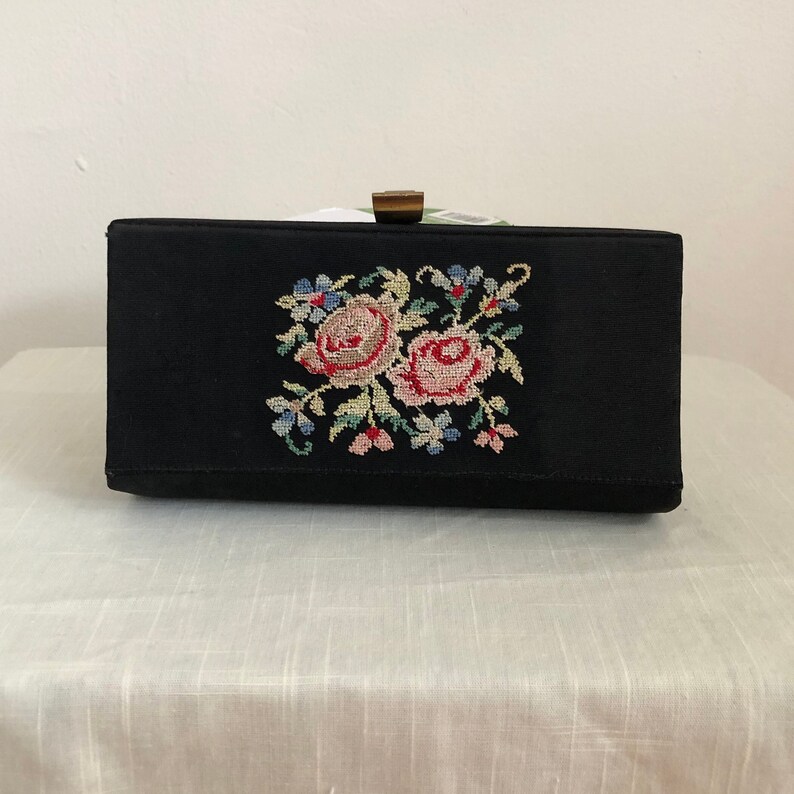 Small Black Clutch Purse with Floral Petit Point Decoration 1940s image 1