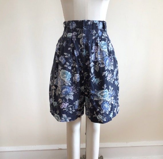 Navy and Light Blue Floral Print Twill Shorts - 1… - image 1