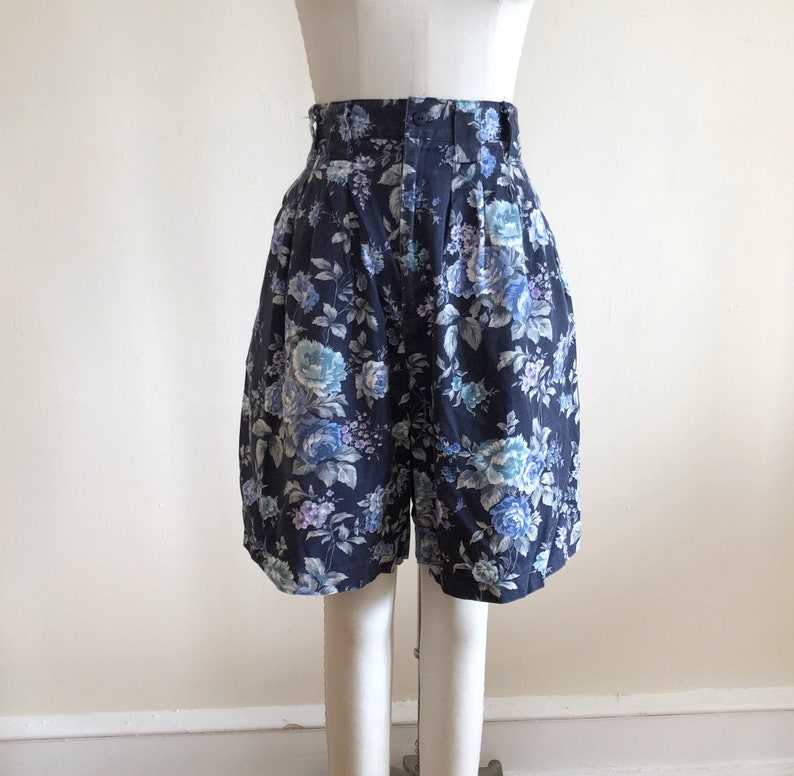 Navy and Light Blue Floral Print Twill Shorts 1980s image 1