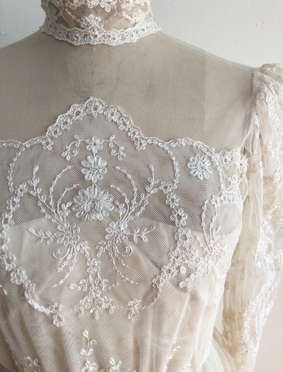 Cream Embroidered Net Dress with Mock-Neck - 1980s - image 3