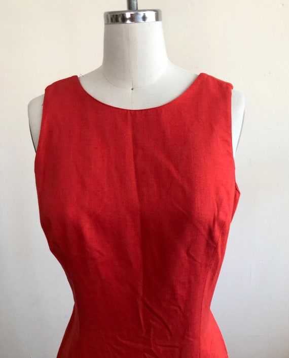 Red Sleeveless Linen Blend Mini-Dress - 1990s - image 2