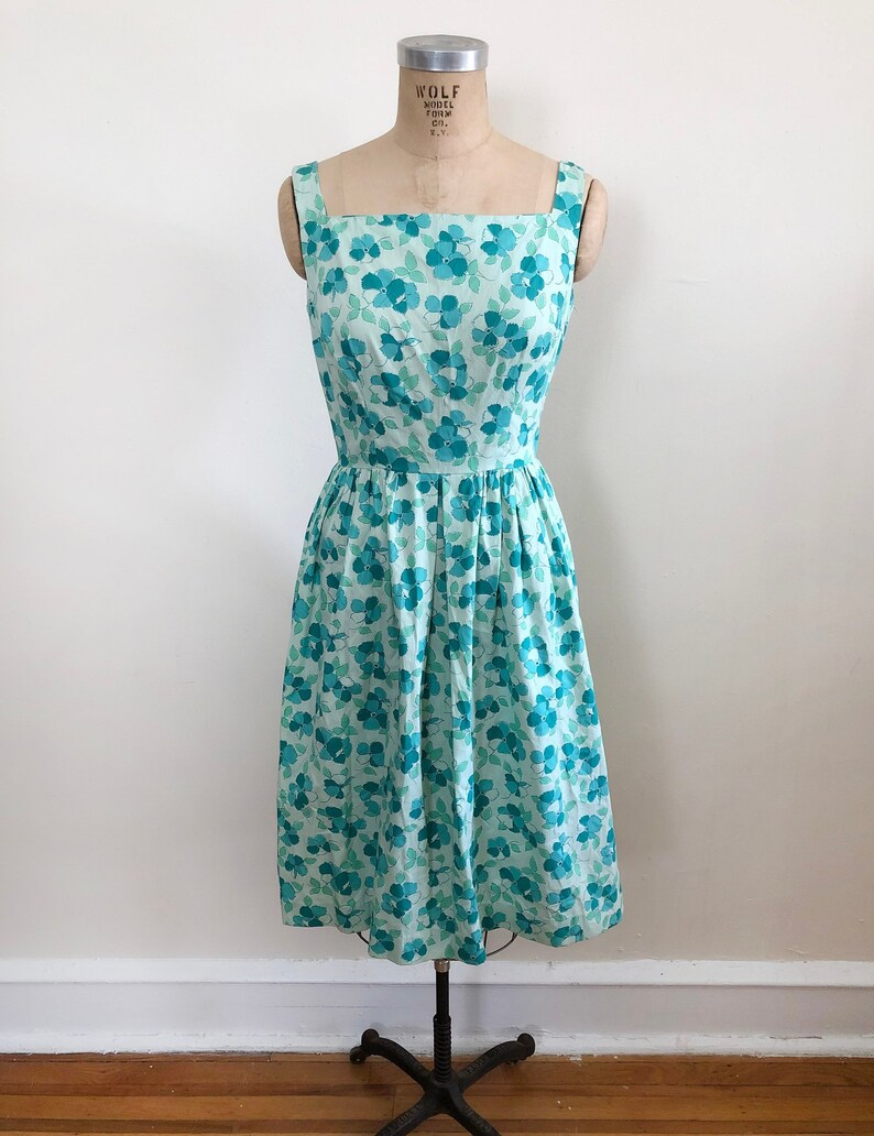 Aqua Floral Print Sundress 1950s image 1