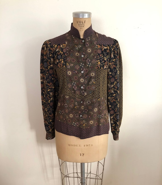 Black and Brown Placement Print Silk Blouse - 197… - image 1