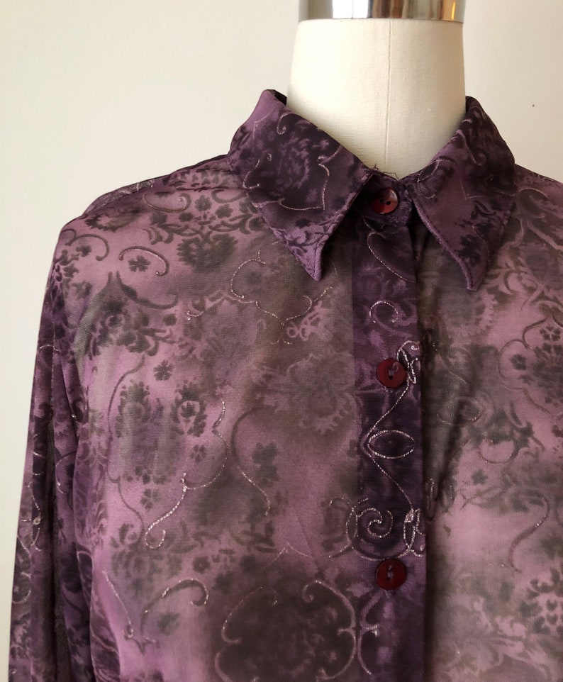 Dark Purple Printed Mesh Button-Down Top 1990s