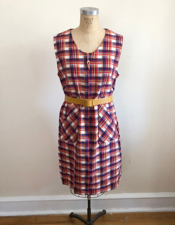 Plaid Belted Pinafore Dress - 1970s - image 1