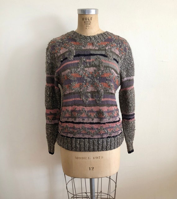 Intarsia and Mixed Stitch Knit Pullover Sweater - 