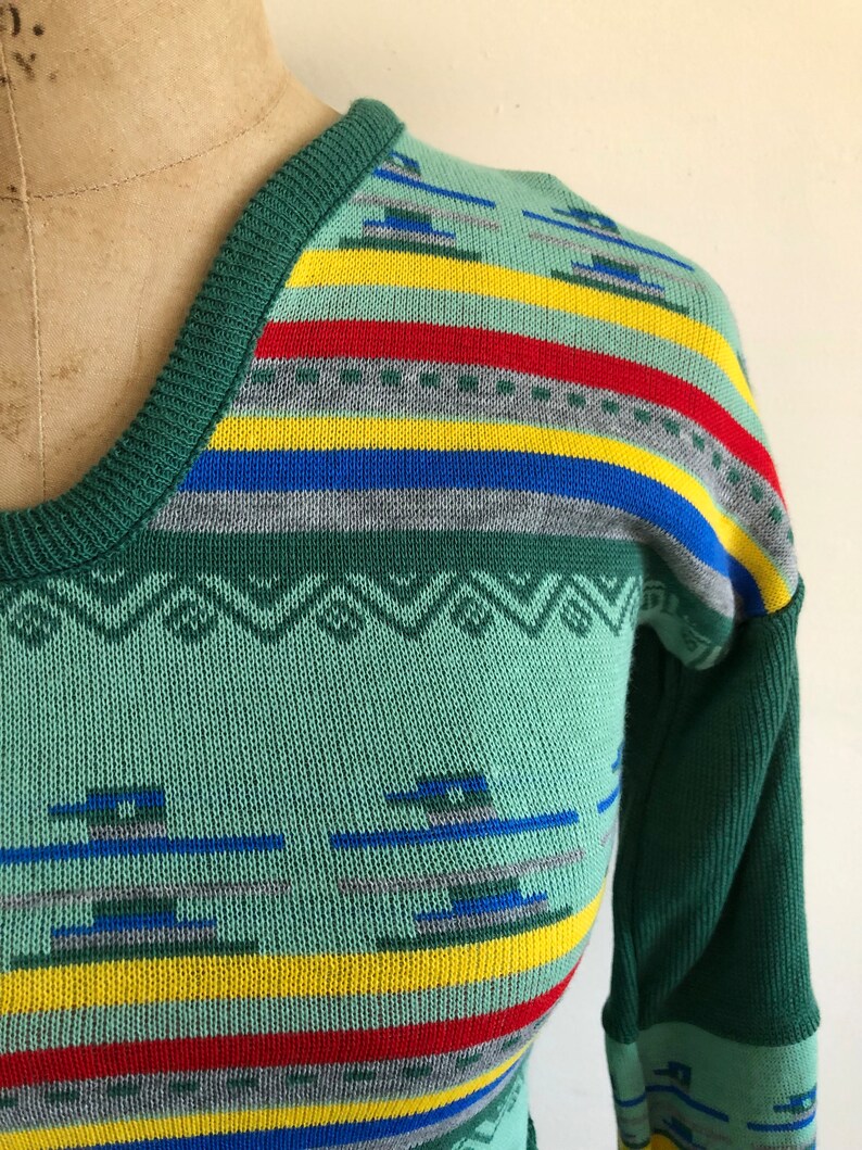 Green Southwest Motif Pullover Sweater with Tie Belt 1970s image 3