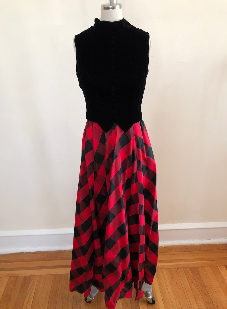 Black Velvet and Plaid Taffeta Gown 1970s image 1