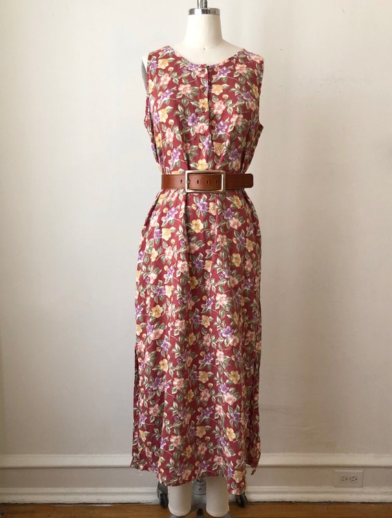 Red Tropical Floral Print Linen Dress - 1990s