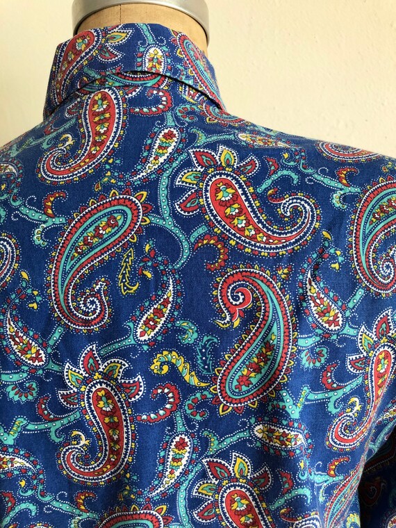 Bright Blue Paisley Print Blouse/Tunic - 1970s - image 5