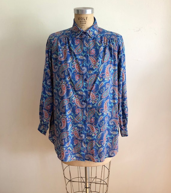 Bright Blue Paisley Print Blouse/Tunic - 1970s