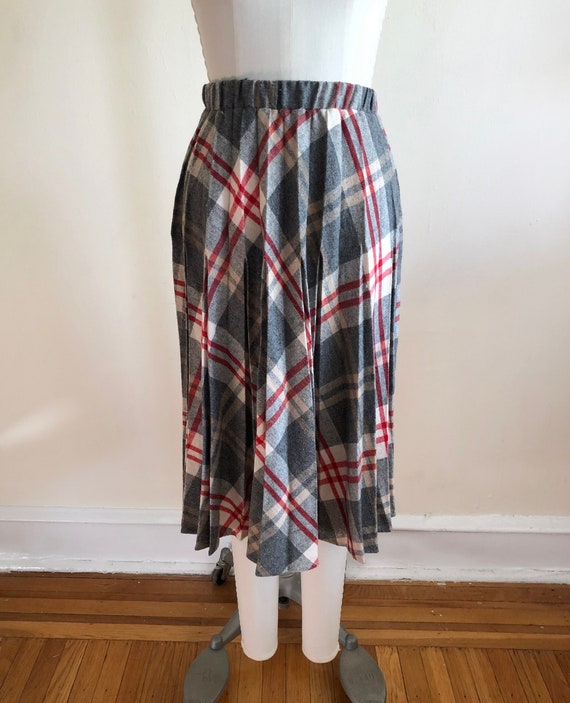 Grey, Cream, and Red Plaid Pleated Midi-Skirt - 19