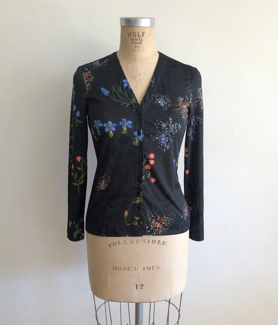 Black Floral Print Blouse - 1970s