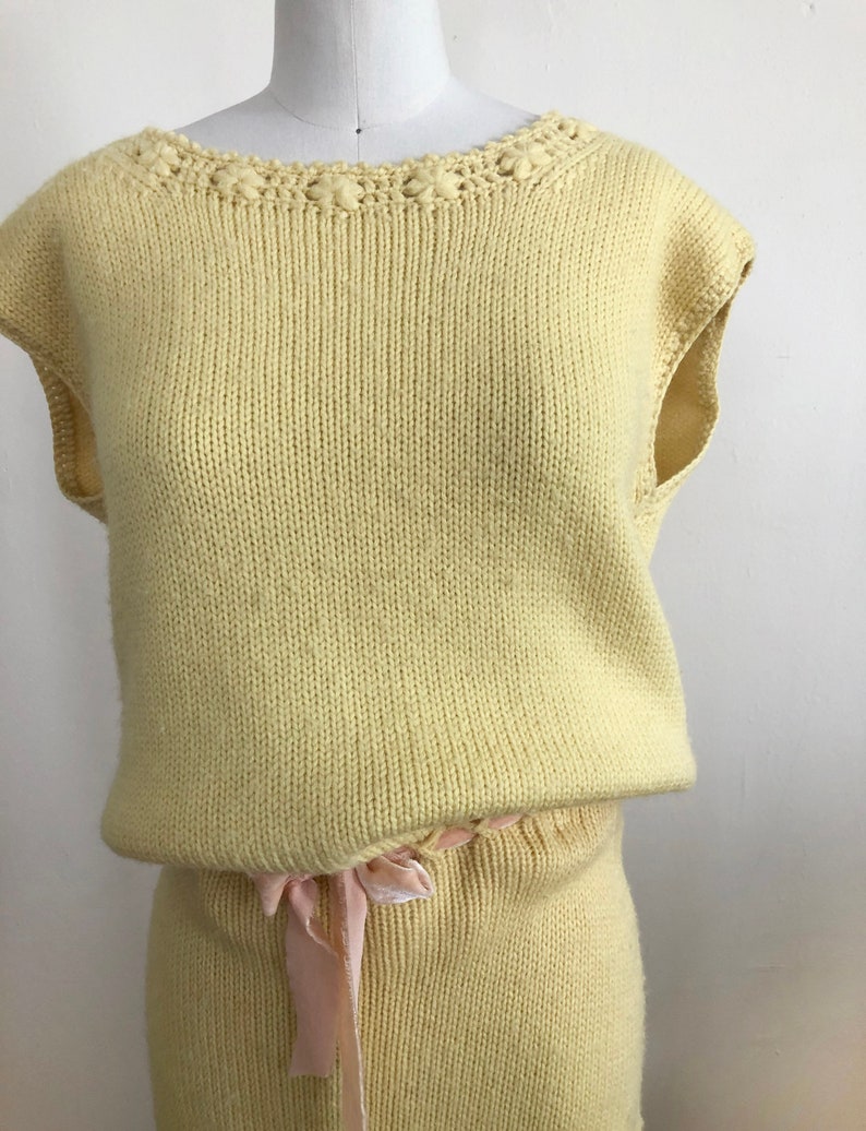 Pale Yellow Knit Top and Skirt Set with Floral Crochet Trim 1960s image 8
