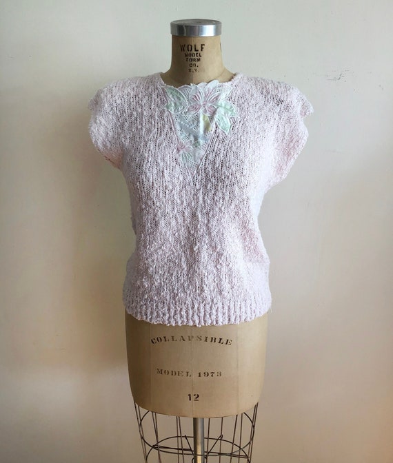 Pale Pink Slub-Knit Sweater Top with Floral Appliq