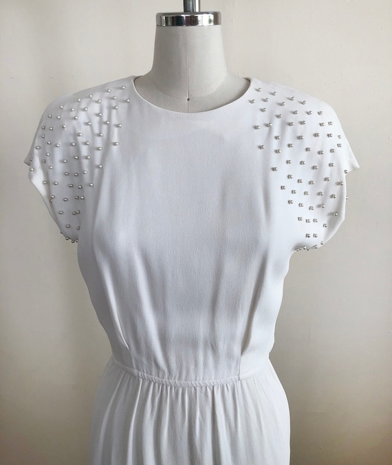 Ivory Crepe Midi-Dress with Pearl-Embellished Sle… - image 2