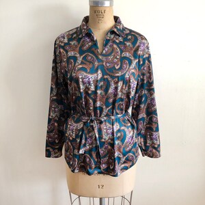 Teal and Brown Floral Print Blouse with Tie 1970s image 6