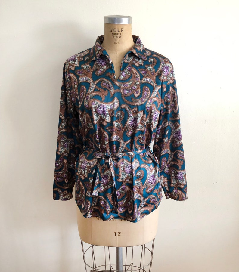 Teal and Brown Floral Print Blouse with Tie 1970s image 6