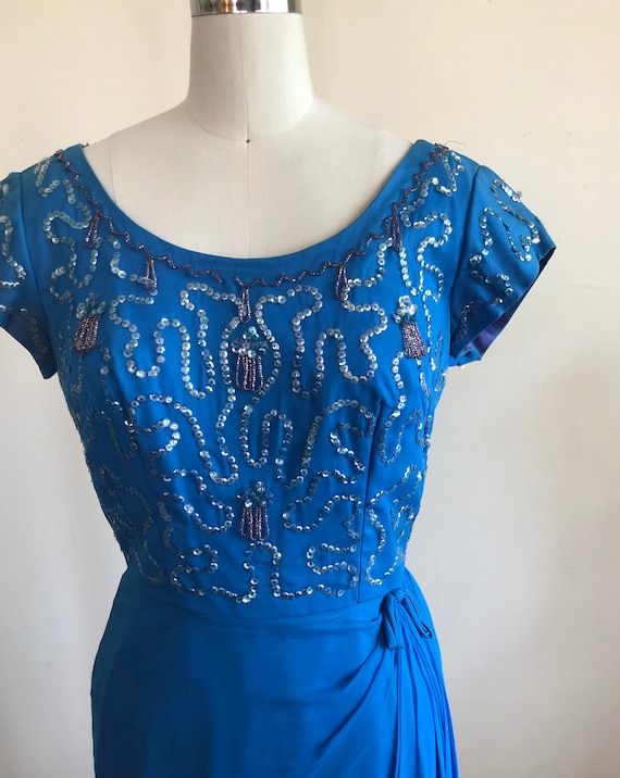 Embellished Blue Cocktail Dress - 1950s - image 2