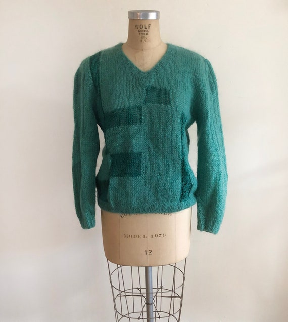 Teal Patchwork Intarsia Mohair Sweater - 1980s