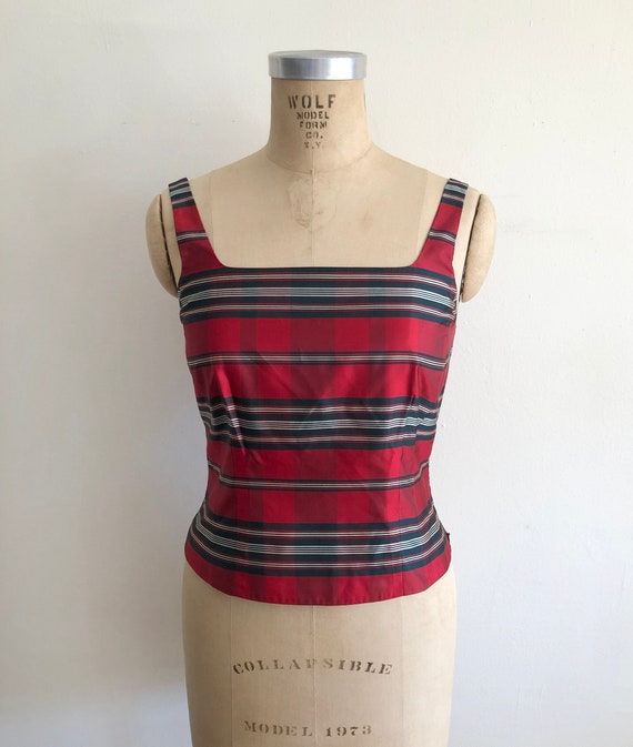 Sleeveless, Square-Neck Plaid Silk Blouse - 1990s