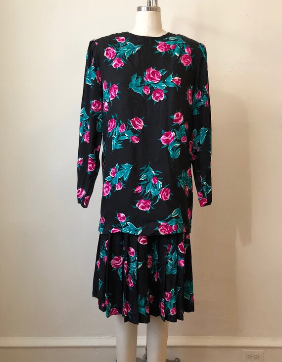 Oversized Black and Bright Pink Floral Print Silk