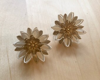 White and Gold-Toned Floral Clip-On Earrings - 1960s