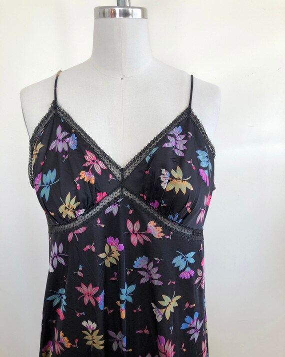 Black Floral Print Maxi-Slip/Nightgown - 1970s - image 2