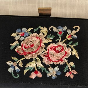 Small Black Clutch Purse with Floral Petit Point Decoration 1940s image 3