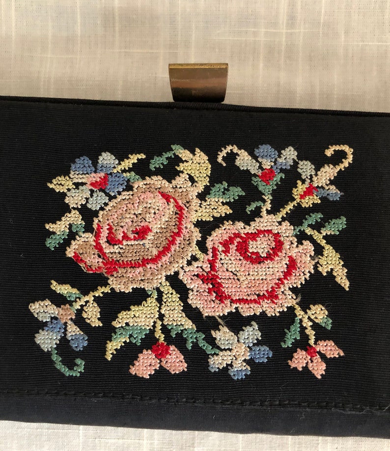 Small Black Clutch Purse with Floral Petit Point Decoration 1940s image 3
