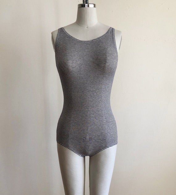 Blue and White Striped Bodysuit/Leotard - 1980s