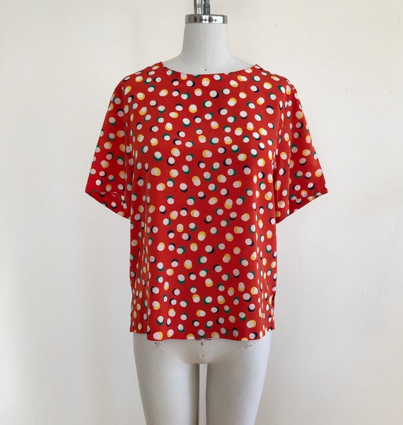 Bright Orange Dot Print Blouse - 1980s