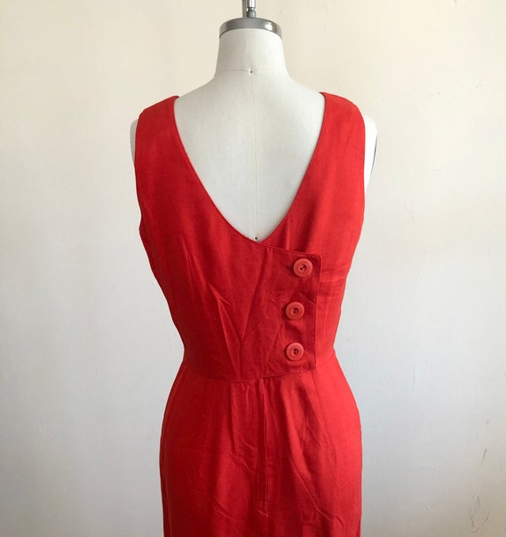 Red Sleeveless Linen Blend Mini-Dress - 1990s - image 3