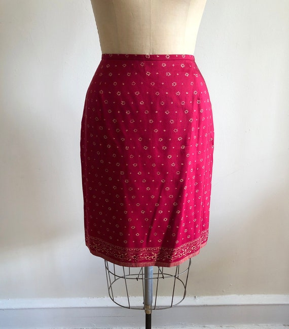 Red Placement Print Silk Skirt - 1990s - image 1