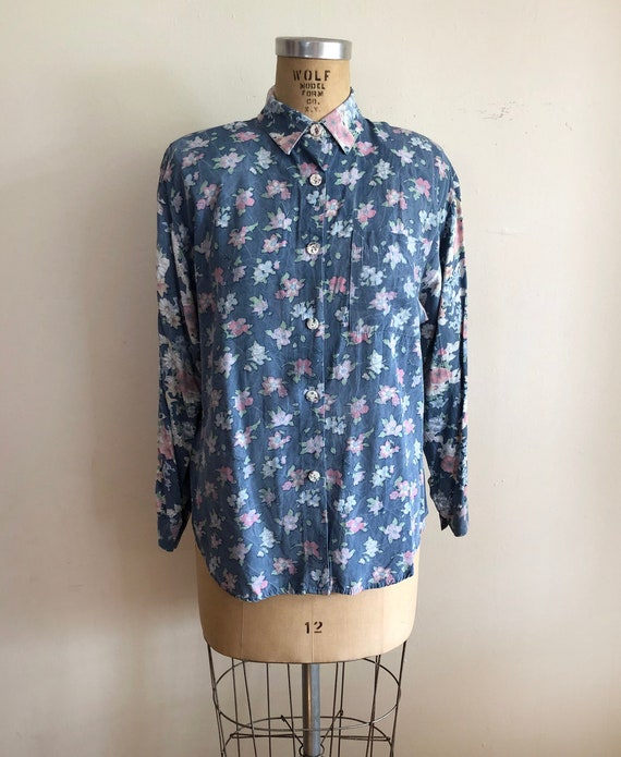 Oversized Blue Floral Print Blouse - 1980s