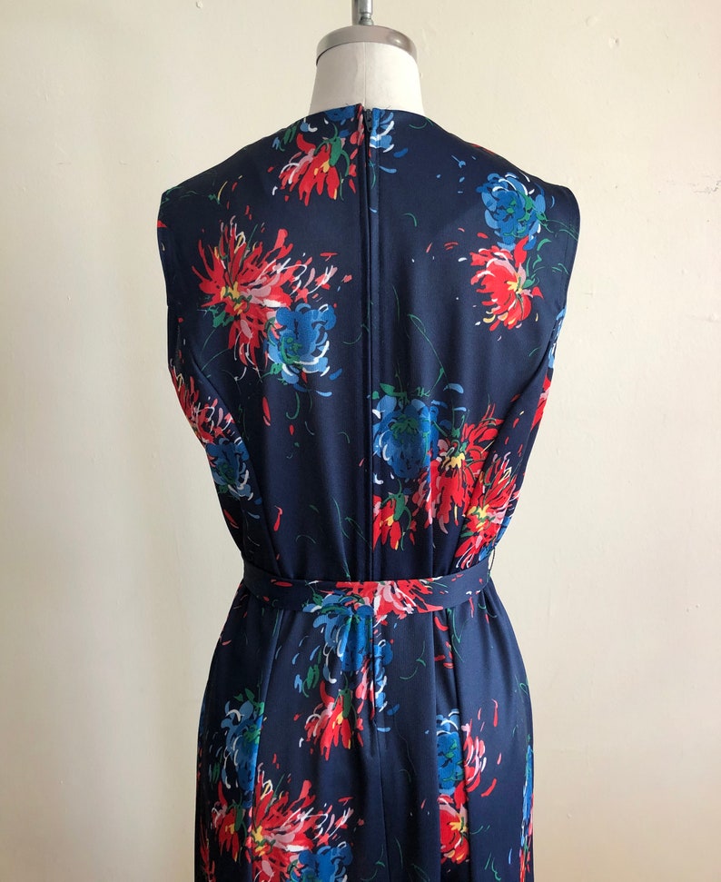 Navy and Red Floral Print Dress with Matching Jacket 1970s image 5