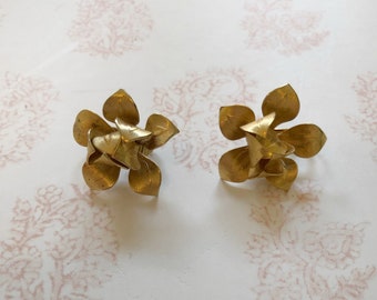Gold-Toned Floral/Iris Clip-On Earrings - 1960s