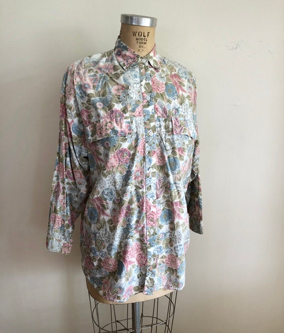 Oversized Floral Print Cotton Shirt - 1980s - image 4