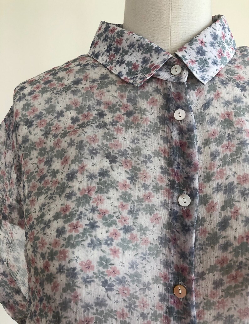 1990s Sheer Floral Print Silk Button-Down Shirt