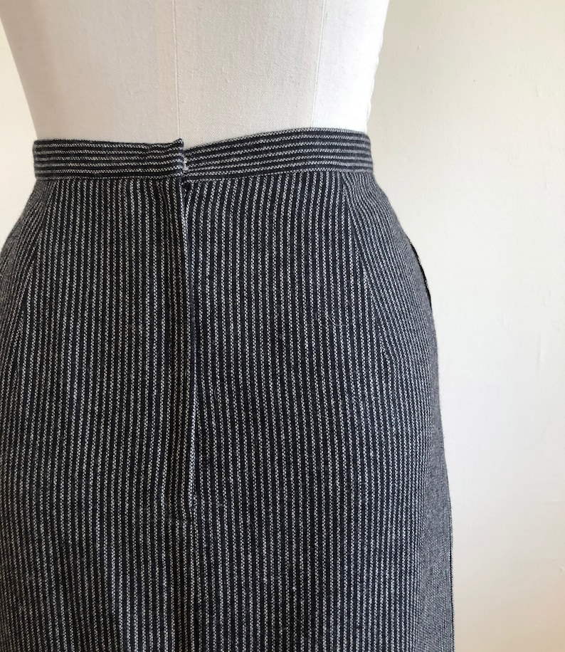 1980s Black and Gray Pin-Striped Wool Midi Skirt