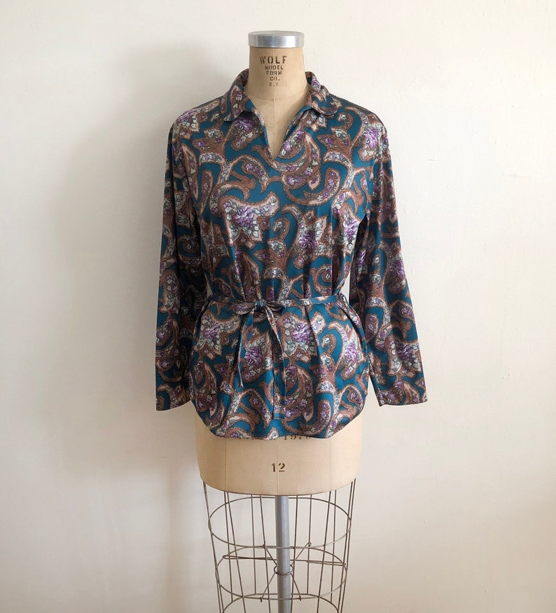 Teal and Brown Floral Print Blouse with Tie 1970s image 1