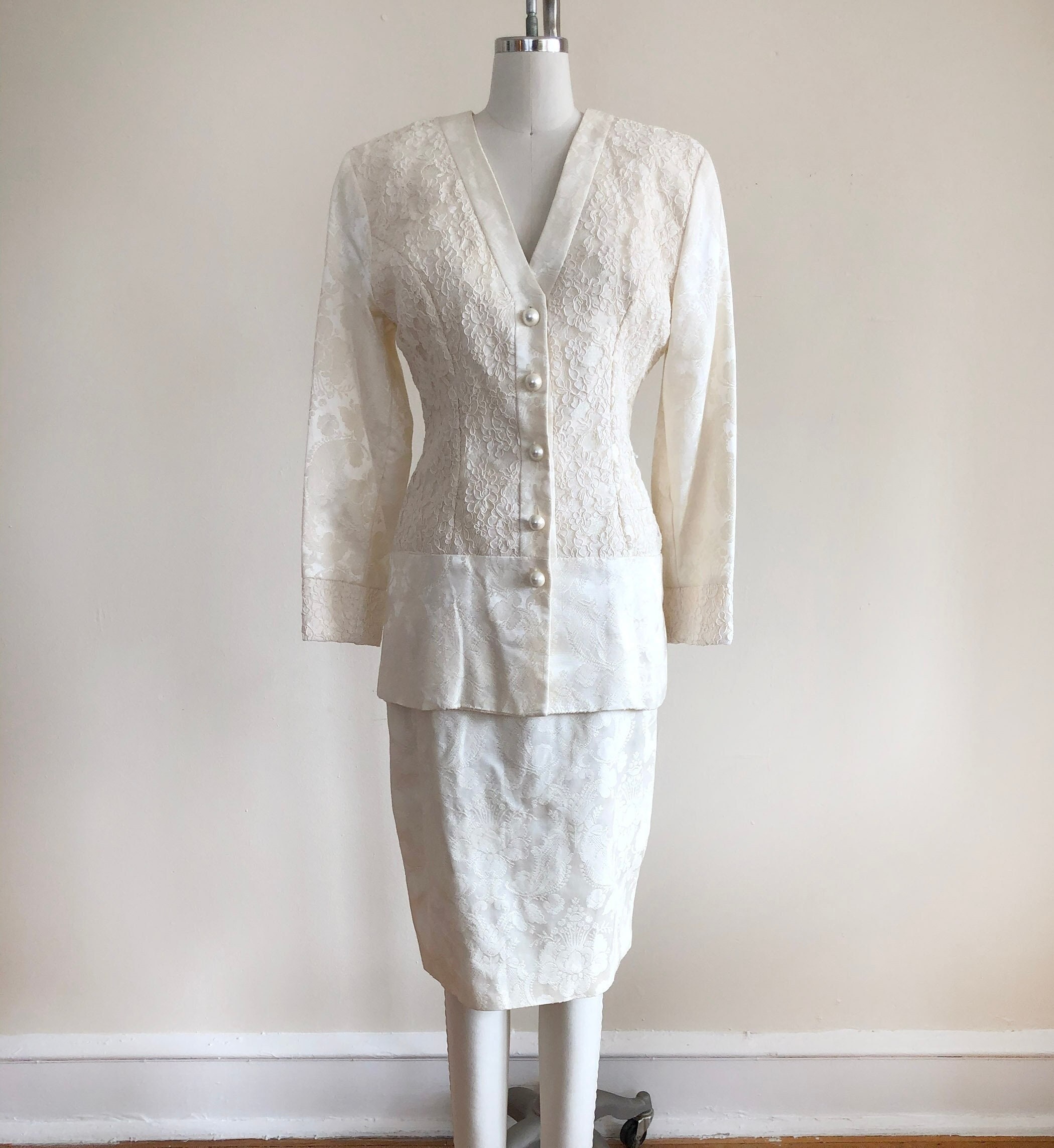 Ivory Floral Jacquard and Lace Suit Set - Skirt and Top Ivory Floral Jacquard and Lace Suit Set - Skirt and Top