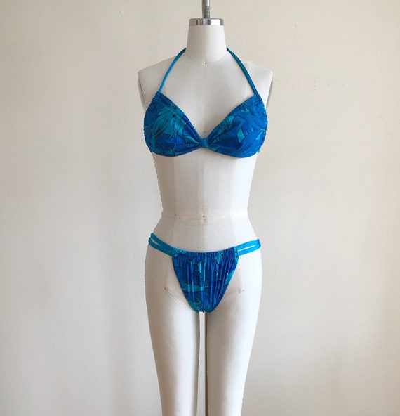 Bright Blue Tropical Print Bikini -1980s