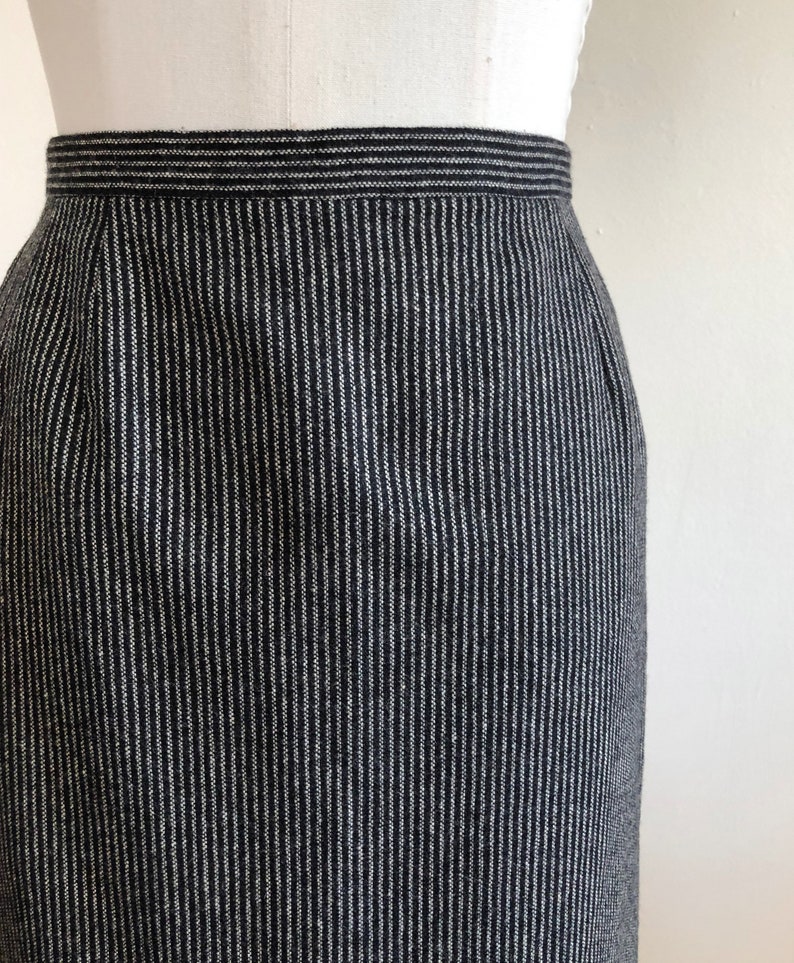 1980s Black and Gray Pin-Striped Wool Midi Skirt